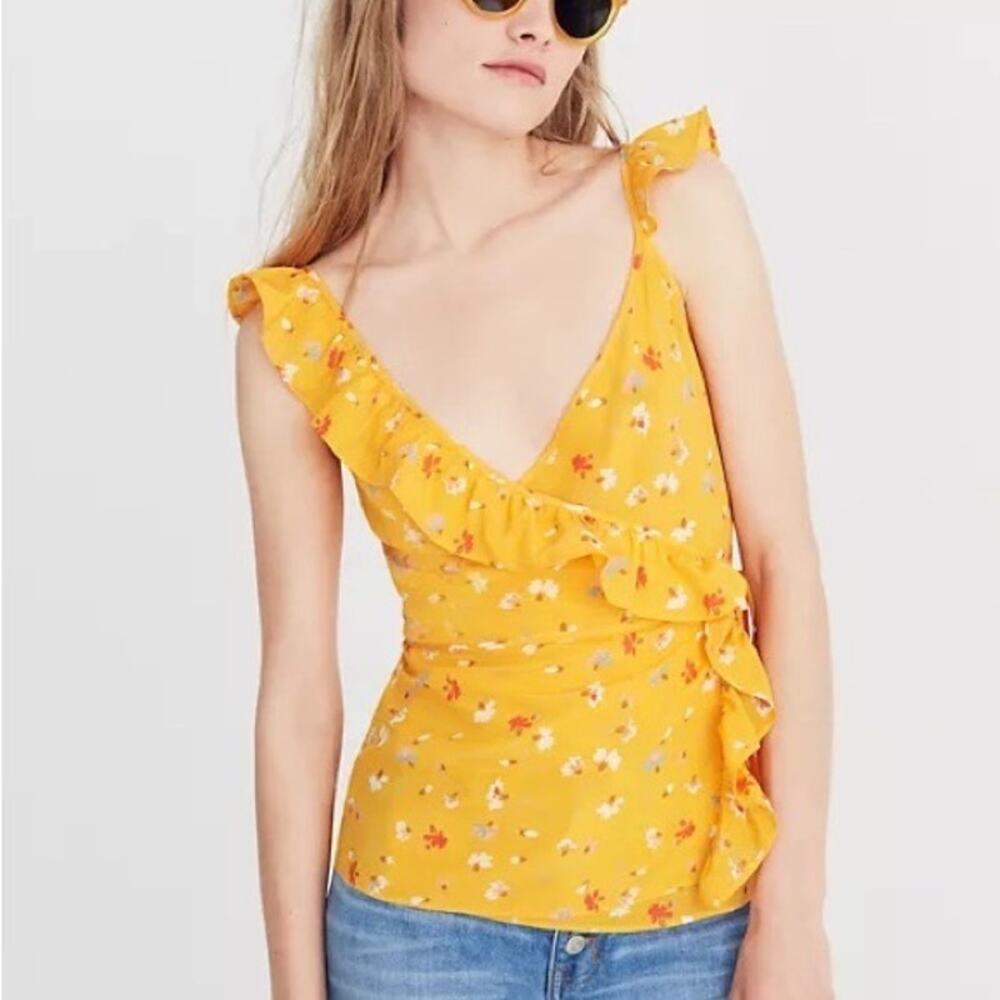 Madewell Yellow Floral Silk Wrap Blouse Size XS X-Small